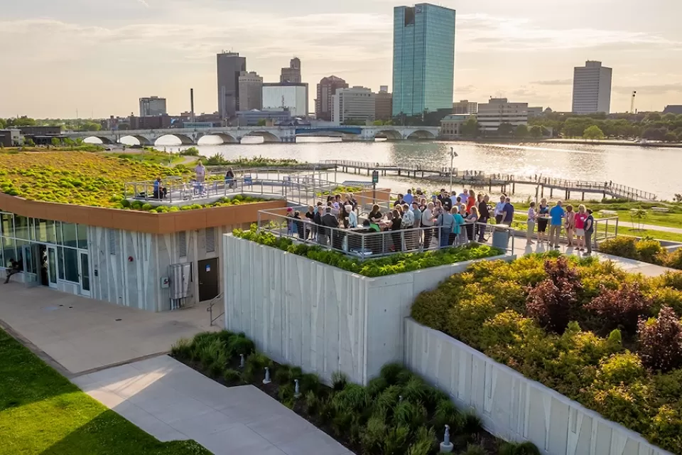 View of pavilion rooftop on Toledo riverfront.